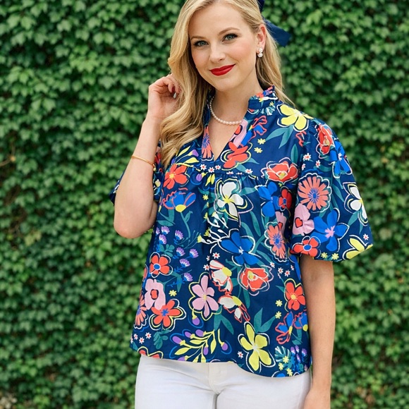 THML Tops - THML Bright Blue Botanical Print Puff Sleeve Resortwear Blouse, S